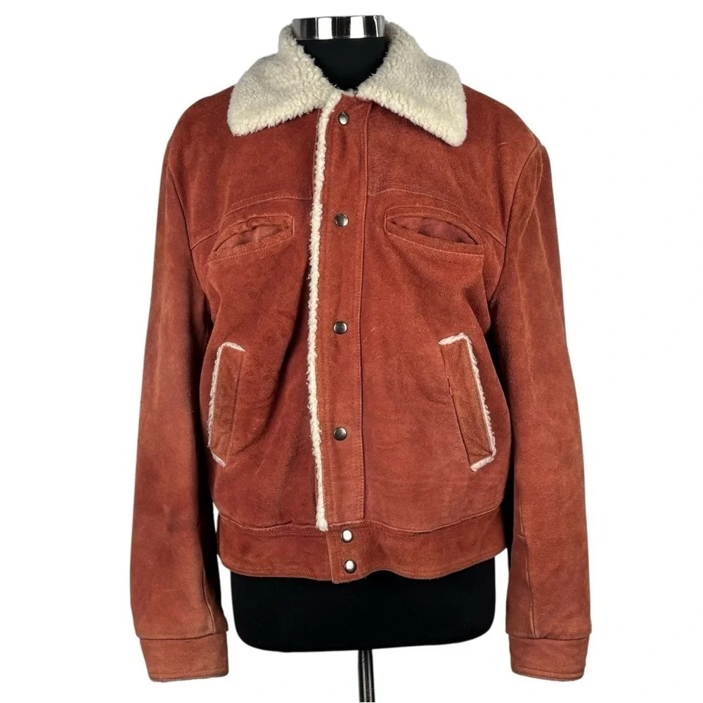 VINTAGE 70S OVERSIZED SUEDE LEATHER SNAP RUST BROWN BOMBER JACKET DAVID MICHAEL